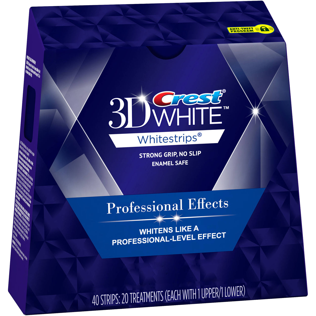 Packaging of Crest 3D White Professional Effects Whitestrips, featuring 40 strips for 20 treatments, with a blue and white design indicating the product's whitening effect. Enamel safe strong grip no slip strip.