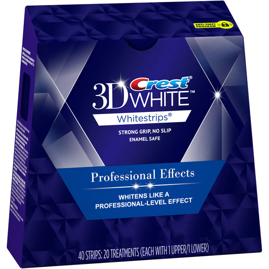 Packaging of Crest 3D White Professional Effects Whitestrips, featuring 40 strips for 20 treatments, with a blue and white design indicating the product's whitening effect. Enamel safe strong grip no slip strip.