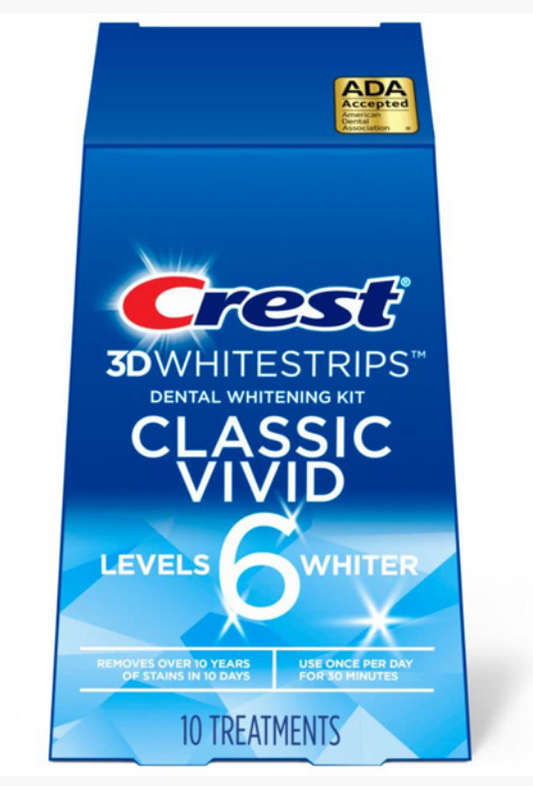 Crest Classic Vivid -6 levels whiter 3D Whitestrips dental whitening kit blue  packaging on a white background-10 treatments