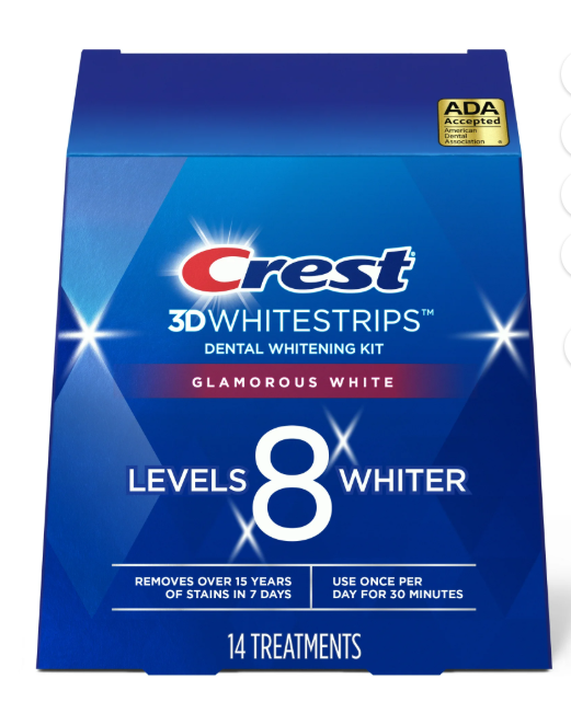 Crest Glamourous white 3D Whitestrips dental whitening kit blue packaging on a white background-14 treatments removes 15 years of stains